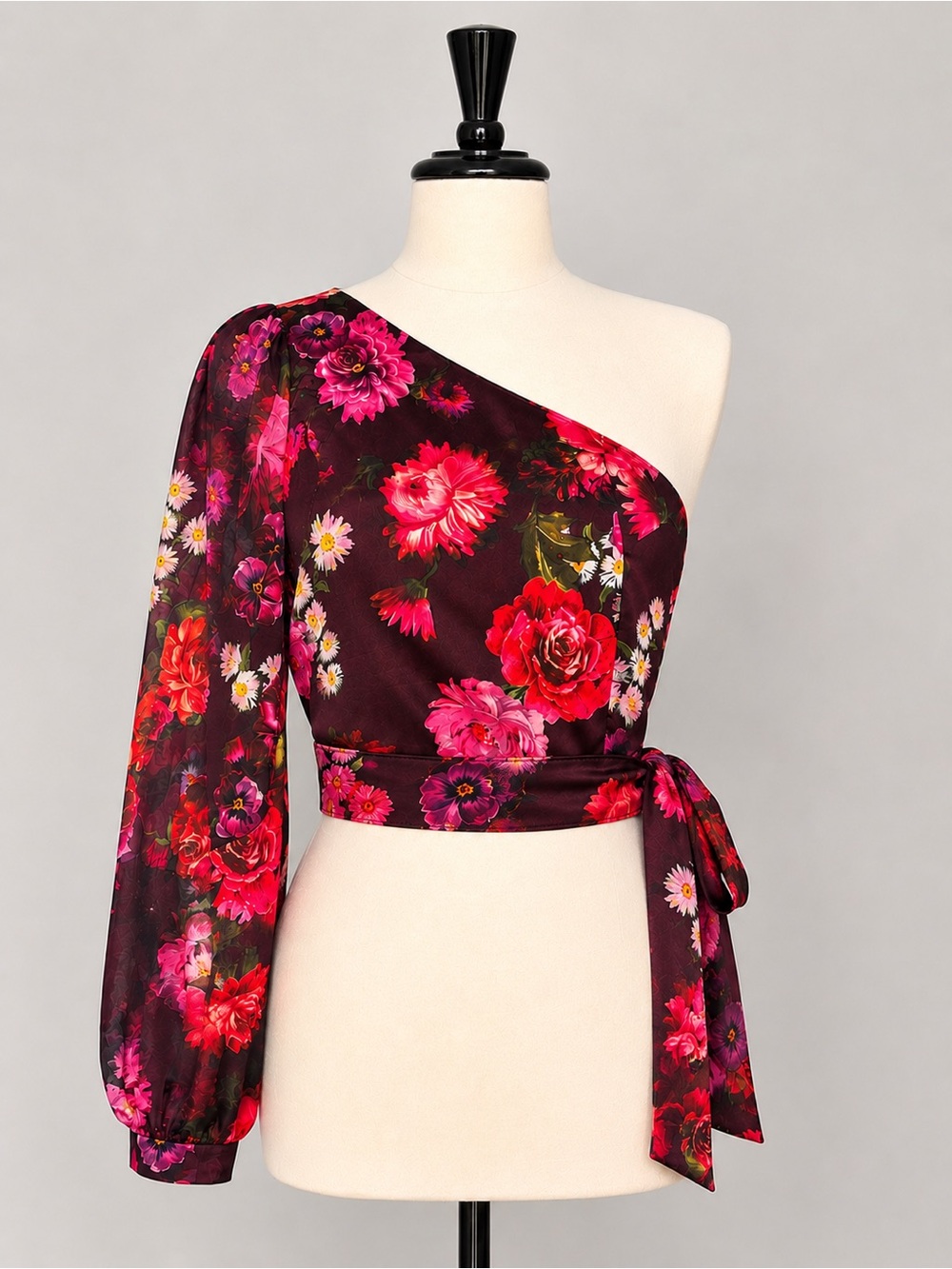 One Shoulder Floral Satin Crop Top with Waist Tie – Burgundy Red Pink – Size xl